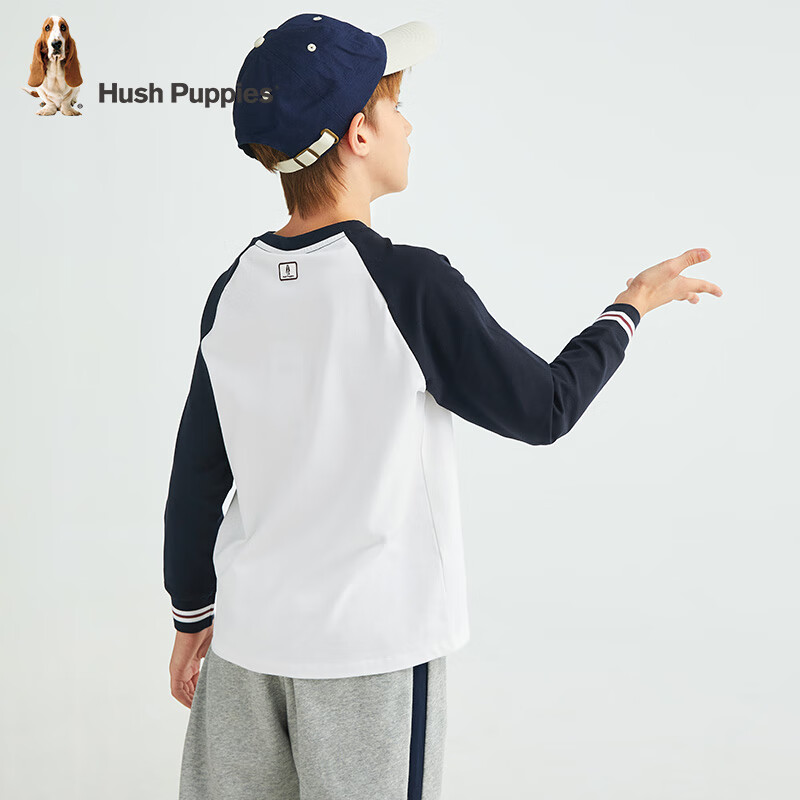 暇步士(Hush Puppies)【精梳棉】童装男女童春季弹力舒适时尚青春复古风长袖圆领衫 藏蓝 130