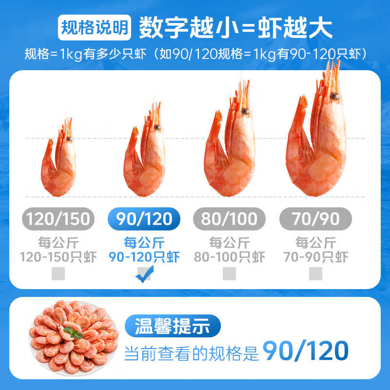 美加佳加拿大海藻头熟冻北极甜虾净重3斤 规格90/120 黑头虾 源头直发