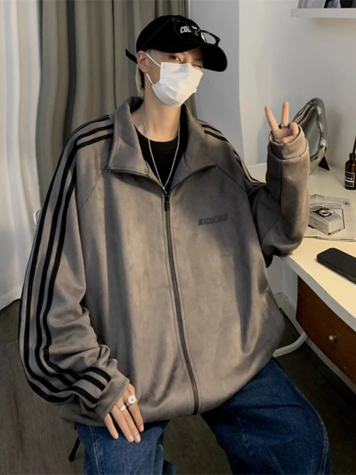 POUM麂皮绒春秋季卫衣男开衫外套潮牌oversize美式情侣棒球服运动夹克 YRFS-W141黑色 常规 麂皮绒 XL