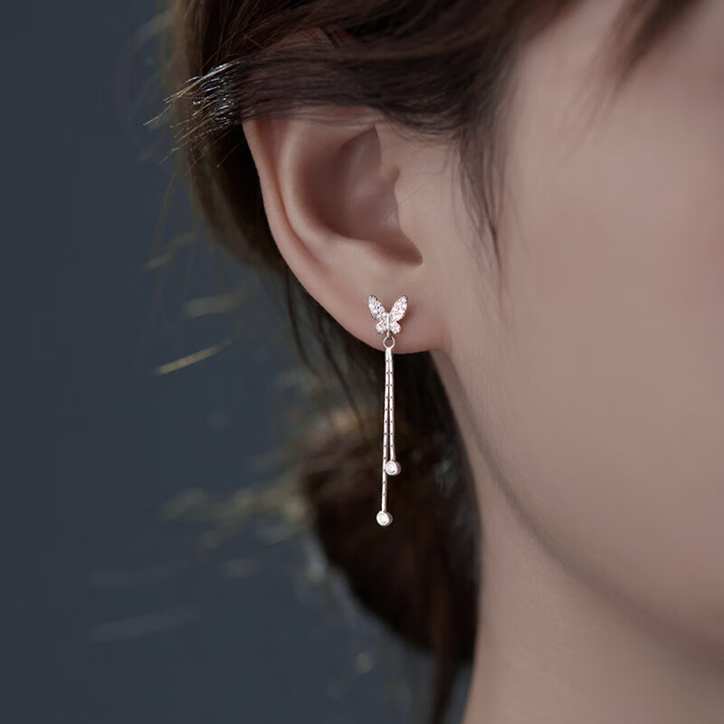 老银匠999纯银耳钉女养耳洞蝴蝶流苏耳线小众设计耳环2023新款耳坠 蝴蝶流苏耳钉【一对】