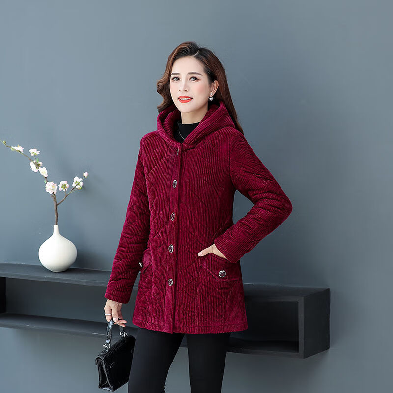 棉袄加厚休闲40岁棉衣中长款冬装保暖外套中年女装大码加绒棉 深红色