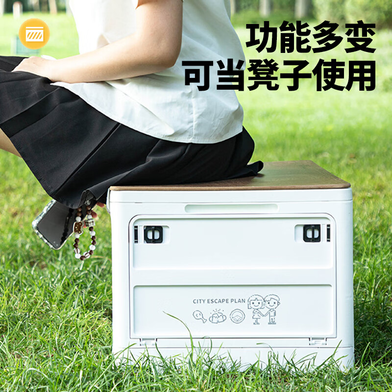 铂呐苓收纳箱露营后备箱储物箱户外折叠汽车载野餐整理床底木盖杂物箱 65L加厚大号 56*30*39cm 折叠带木板 户外折叠箱【大号-白色】 1个