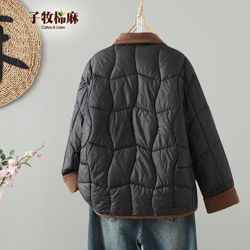 子牧棉麻冬装 女韩版棉服翻领开衫棉袄宽松加厚显瘦棉衣外套9515 黑色 M (建议95-115斤)