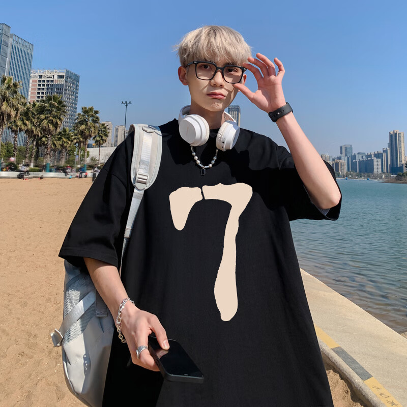 年新款港仔印花短袖t恤男夏季学生休闲百搭流行半袖数字7印花 黑色 s