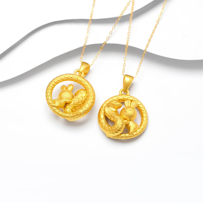 玉相伴999足金蛇盘兔吊坠 黄金兔子项链兔年本命年首饰平安扣金饰礼