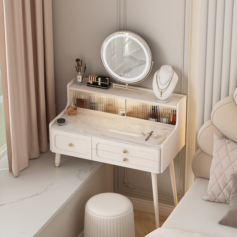 诗亭阁飘窗化妆梳妆台法式飘窗梳妆台小户型奶油风长短腿半搭化妆桌