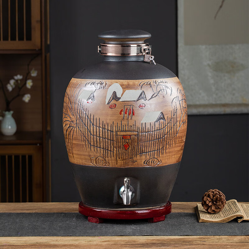景德鎮(zhèn)私藏陶瓷酒壇10斤20斤30斤50斤家用酒壺酒罐酒瓶酒缸酒壇子 鄉(xiāng)村帶不銹鋼龍頭送鎖扣底座 50斤