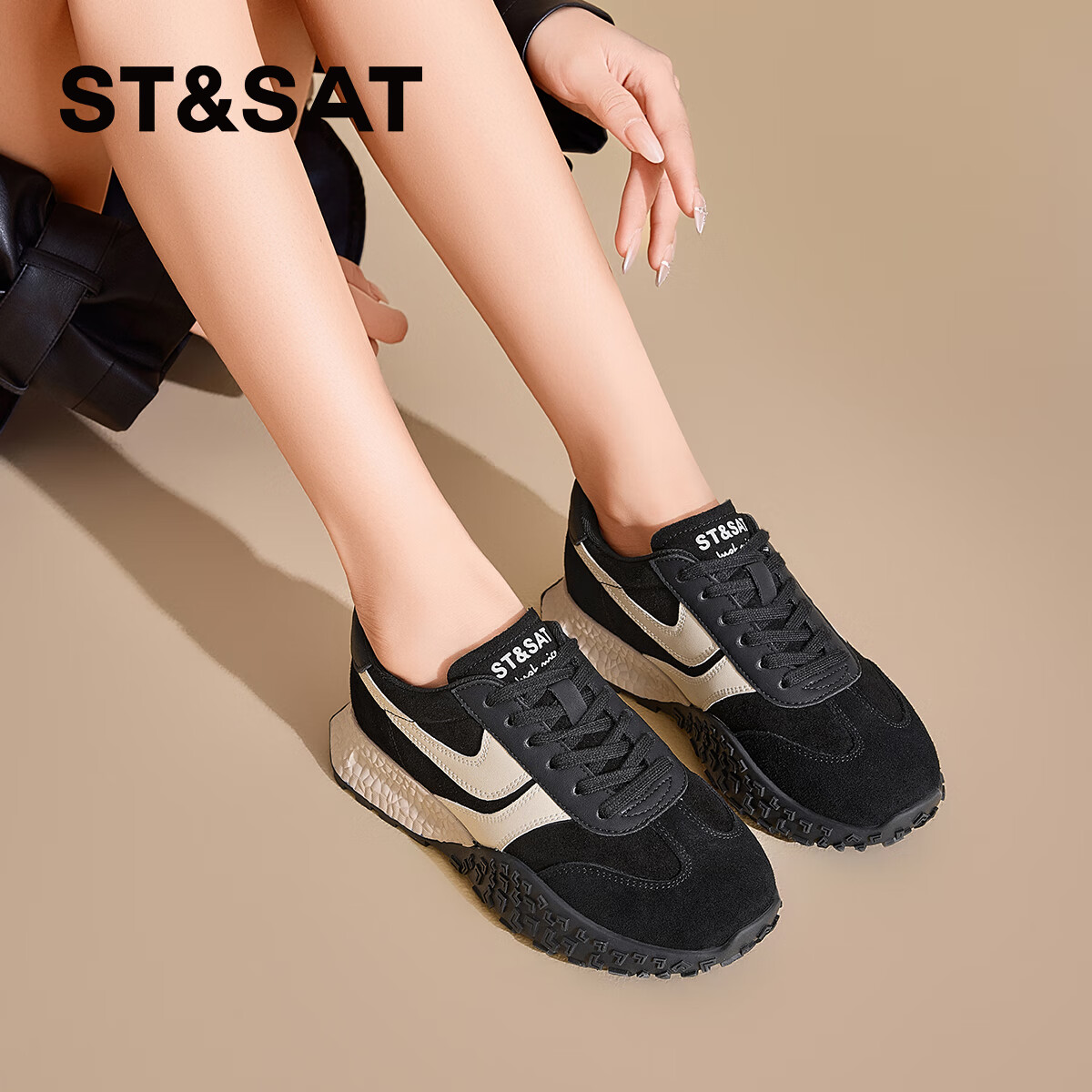 星期六（St&Sat）星期六2025春季新款复古透气潮流平底休闲鞋时尚百搭拼色德训鞋女 黑色 37