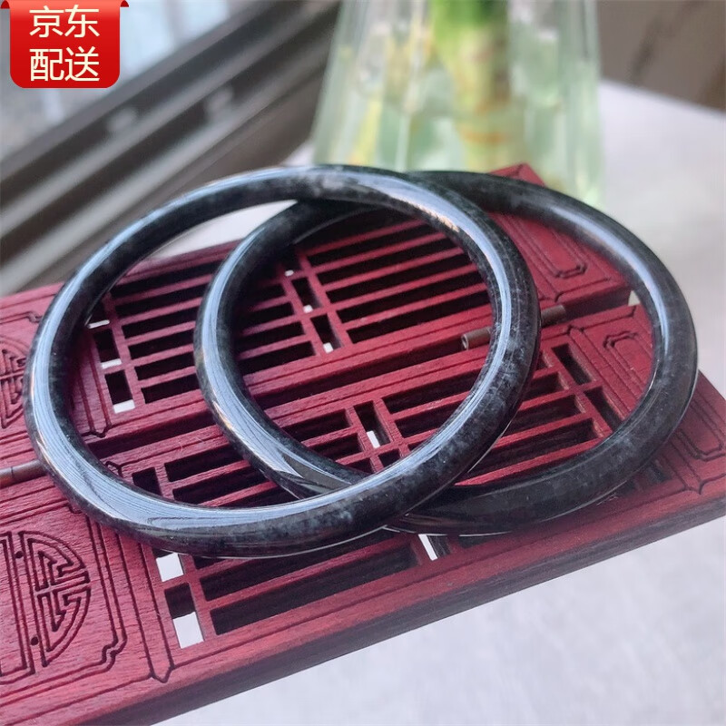 辉客映上乌鸡叮当镯缅甸翡翠a货乌鸡种圆条叮当手镯一对一物一证 油