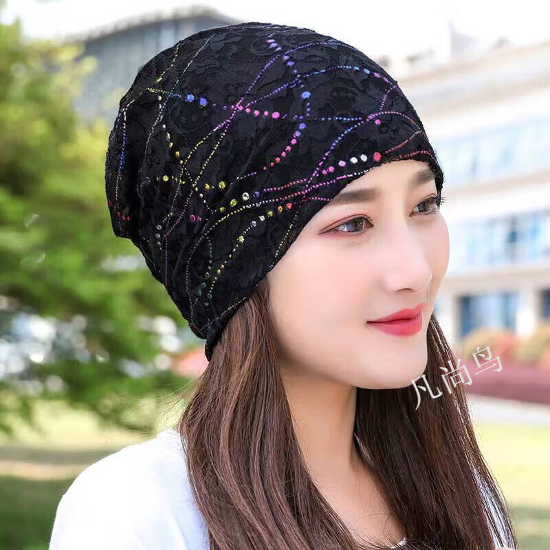 凡尚鸟遮白发帽子女夏天薄款帽子堆堆帽空调帽蕾丝包头帽 黑色