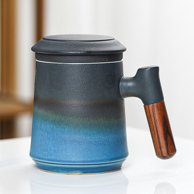 与非/功夫茶具饮茶杯办公杯带盖带过滤素几马克杯单杯 黑蓝渐变泡茶杯
