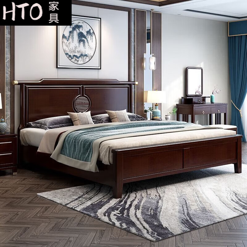 HTO2024新款新中式实木床1.5m单人橡木床现代简约1.8米双人床家用主 实木床【单床】 1500mm*2000mm_气压结构