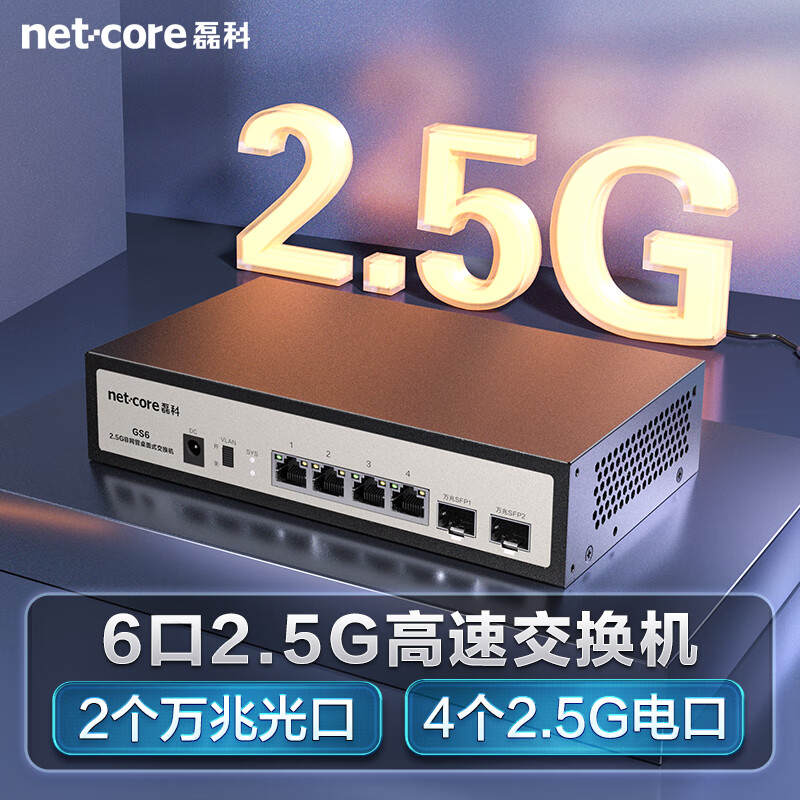 磊科（netcore）GS6 6口企业级交换机4个2.5G电口+2个万兆SFP光口 支持向下兼容1G光电模块 千兆网络分线器