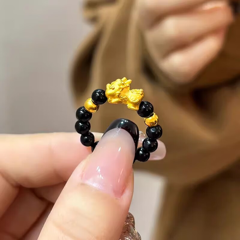 cheng nini黄金貔貅宝宝戒指新款黑曜石转运珠镀足金18k弹力绳指环 黑