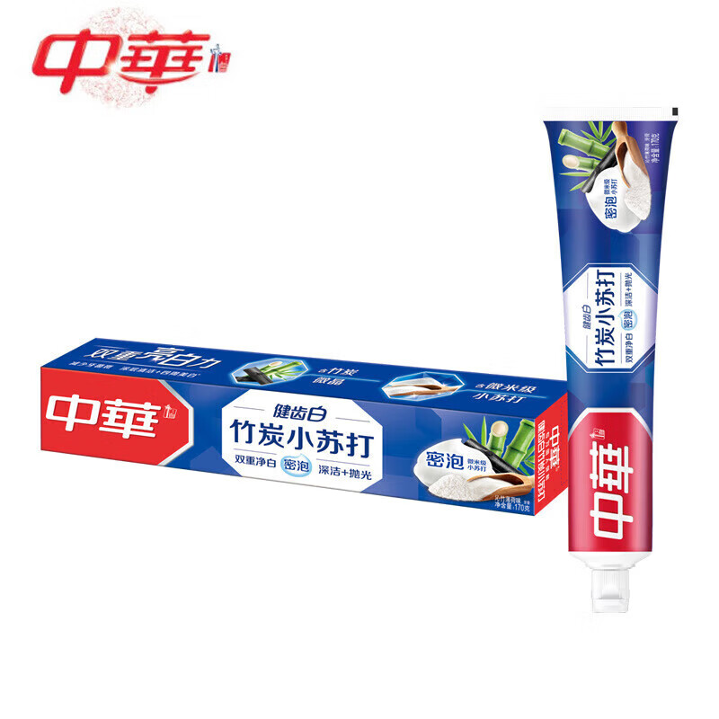 中华 健齿白竹炭小苏打沁竹薄荷牙膏170g*4支 双重净白 深洁抛光