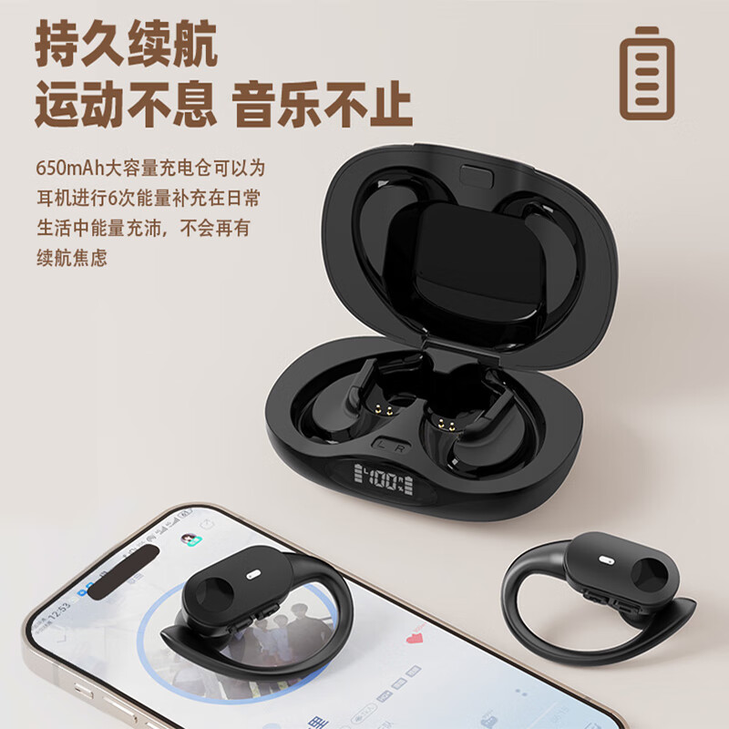 wedoking 运动蓝牙耳机5.0跑步健身骑手外卖防水洗澡冲凉听歌对耳双耳无线挂耳式苹果安卓TWS耳机 黑色 通用