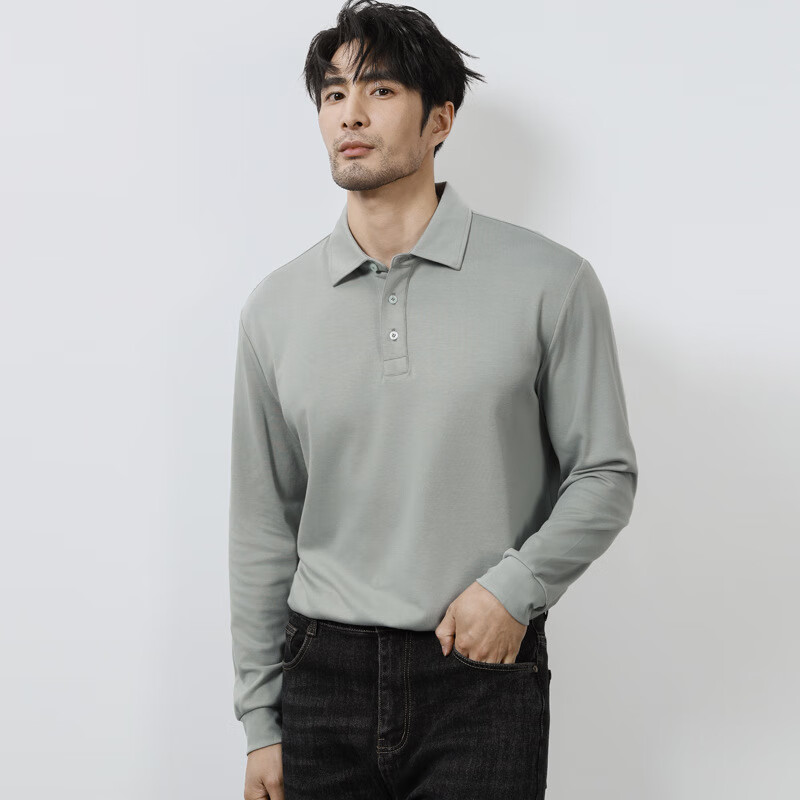 富绅（Virtue）长袖POLO衫男士商务休闲翻领T恤高级感秋冬款纯色百搭潮流 淡灰绿 3XL （160-180斤）