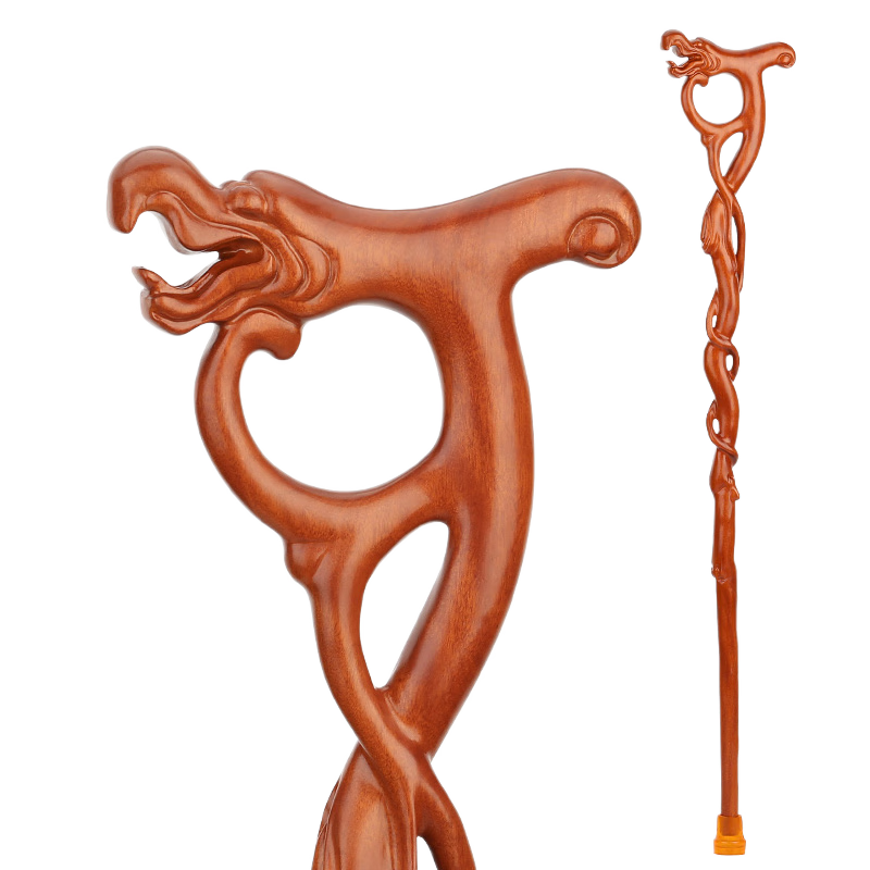 雅軒齋 老人拐杖 實木雕刻龍頭拐杖 防滑手杖拐棍老年人專用木質(zhì)拐扙 淺色龍頭拐杖