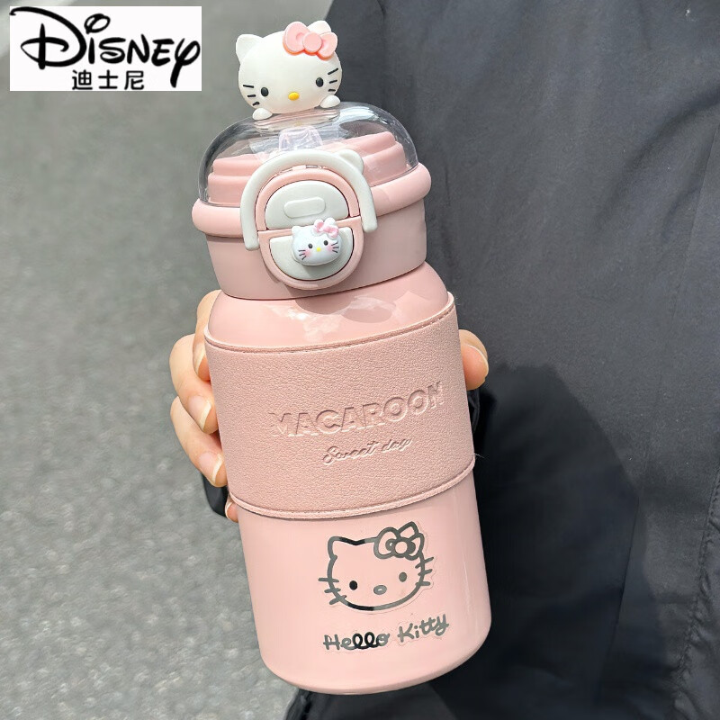 迪士尼（Disney）hellokitty保温杯女生保冷水杯可爱高颜值316学生便携带吸管杯子 绿盖猫咪500ML 提手款