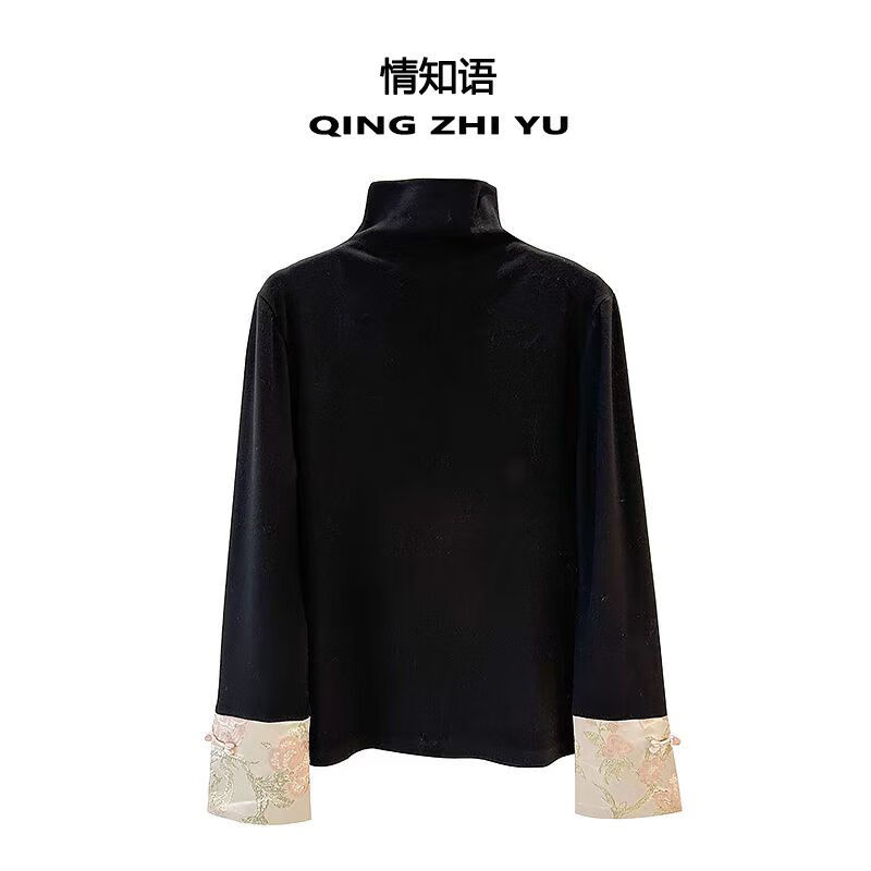 女可外穿 时尚洋气春2024新中式国风半高领袖口刺绣女秋冬 黑色中国风