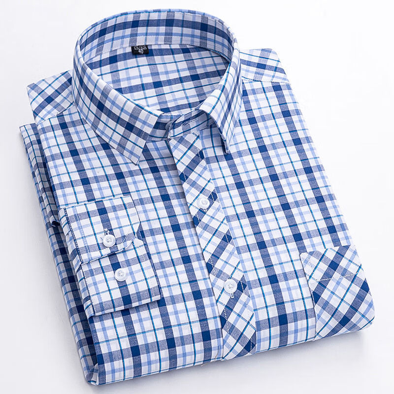 JEEP SPIRIT纯棉格子衬衫男长袖薄款商务休闲百搭方格春夏季免烫全棉男士衬. 纯棉8-55 蓝色小格子 40 130-140斤