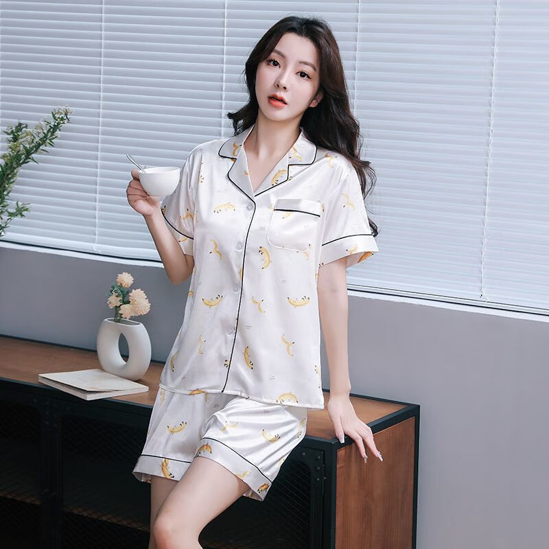 莫代尔睡衣女冰丝宽松卡通套装开衫短袖短裤夏季女士家居服可外穿年轻 SCX盈盈黄梨香-双短 XL (120-138斤)