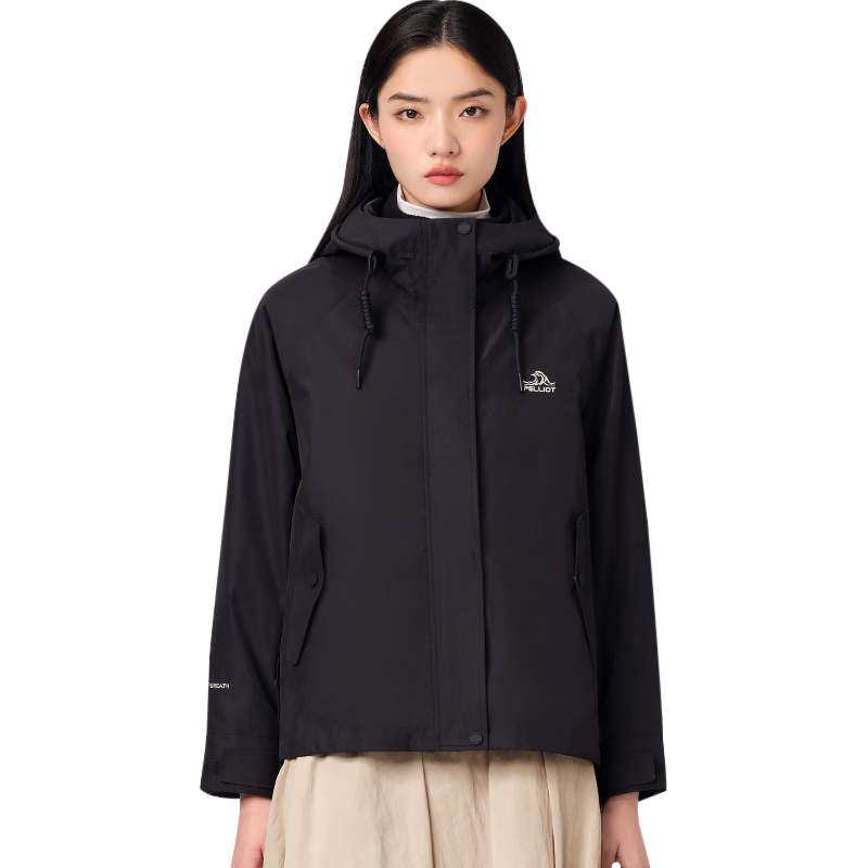 伯希和（Pelliot）【山行】冲锋衣三合一男女秋冬外套抓绒内胆防水夹克可拆卸两件套 【女款】曜石黑 S