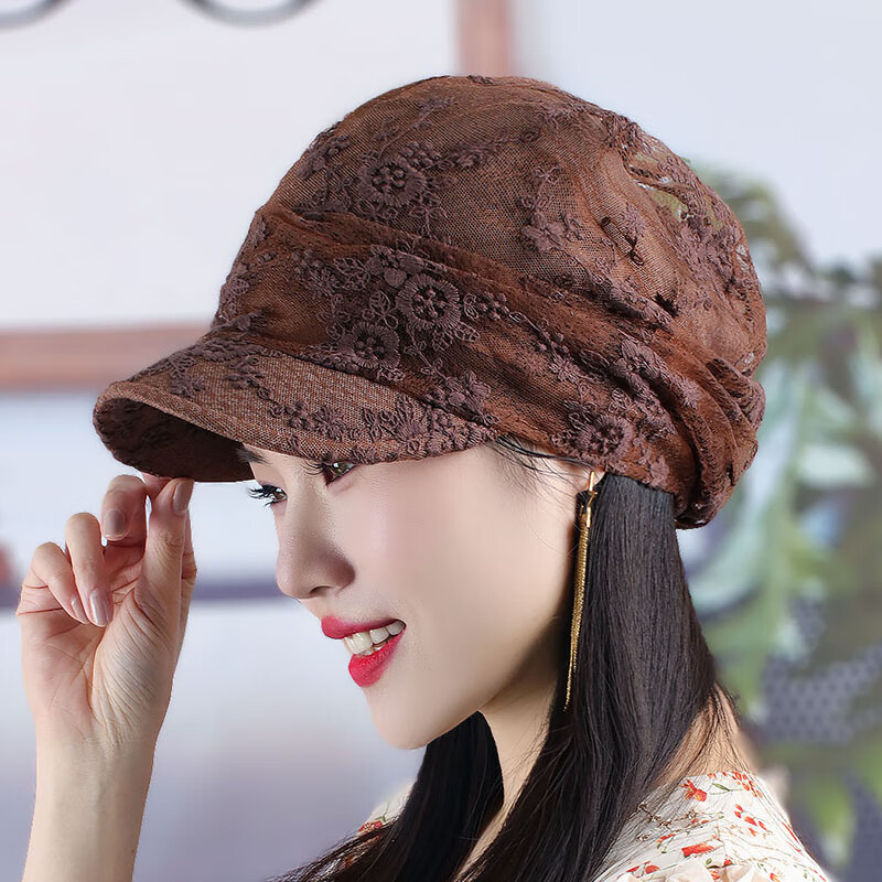 勤度遮白發(fā)帽子薄款五十歲女士帽春夏上新繡花鴨舌八角帽透氣網(wǎng)紗鏤空 深咖 均碼54-60CM有松緊