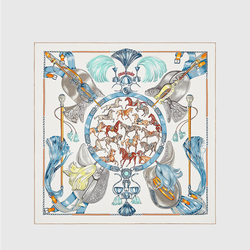 爱马仕(hermes)女士丝巾 骑马前进花纹桑蚕丝方巾 90*90cm 白色h