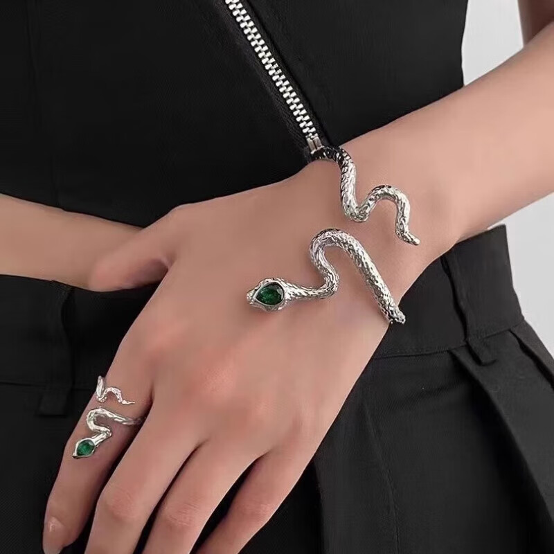 诗筠(SHIJUN)时尚灵蛇手镯蛇形小众设计个性简约镯子开口中式复古冷淡风手饰 枪黑色