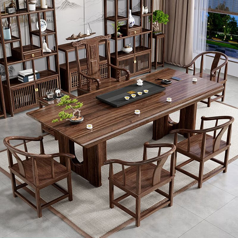 定舟乌金木实木茶桌椅组合一桌五椅原木茶几客厅家用办公室泡茶台茶桌 1.6米乌金木+1围椅4月牙椅+茶水柜