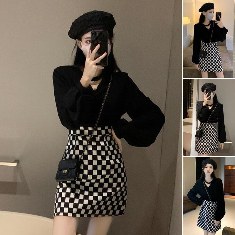 黑色上衣 格子裙 【两件套】 s