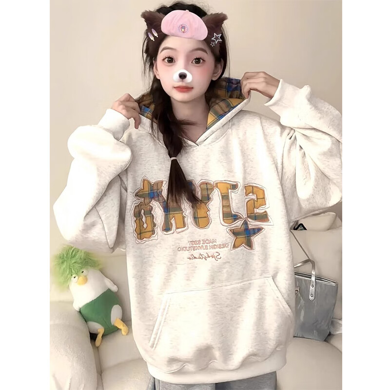 LDBE刺绣连帽卫衣女加绒加厚秋冬2025新款小个子oversize设计感外套潮 白灰色【秋冬加绒】 L 【105-120斤】