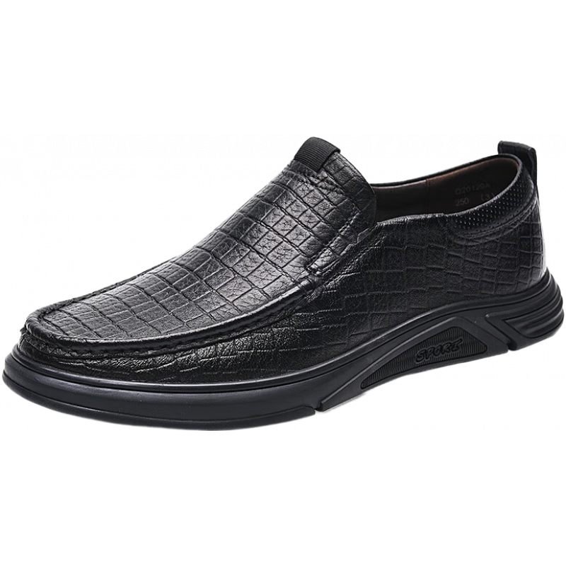 金猴（JINHOU）羊皮皮鞋男春秋季商務(wù)休閑套腳真皮黑色男士平底軟皮鞋 黑_色_Q20129A 39