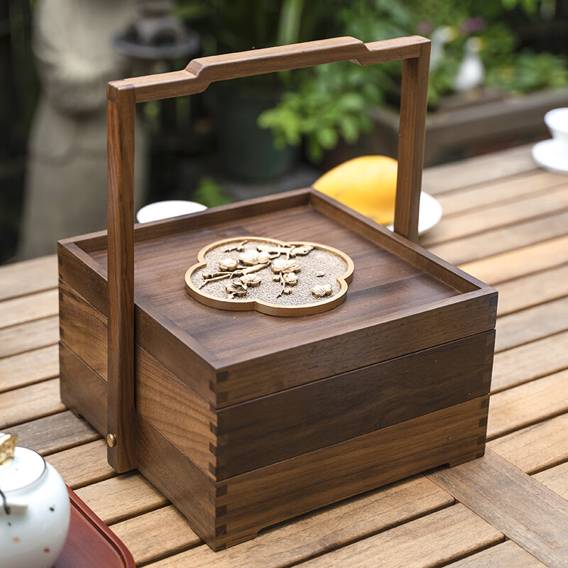 匠心坊中式实木糕点盒木质干果盘古风点心 0024黑胡桃手提糖果盒正