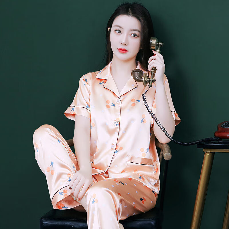 莫代尔睡衣女士夏季新款冰丝短袖长裤仿真丝韩版夏天薄款宽松家居服套装 短长苏梅点点香 XL （120-135斤）