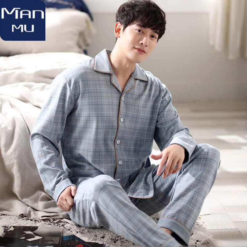 棉睡衣男加大码宽松长袖开衫套装休闲家居服套装可外穿 823【主图款】 男M码（体重90-110斤
