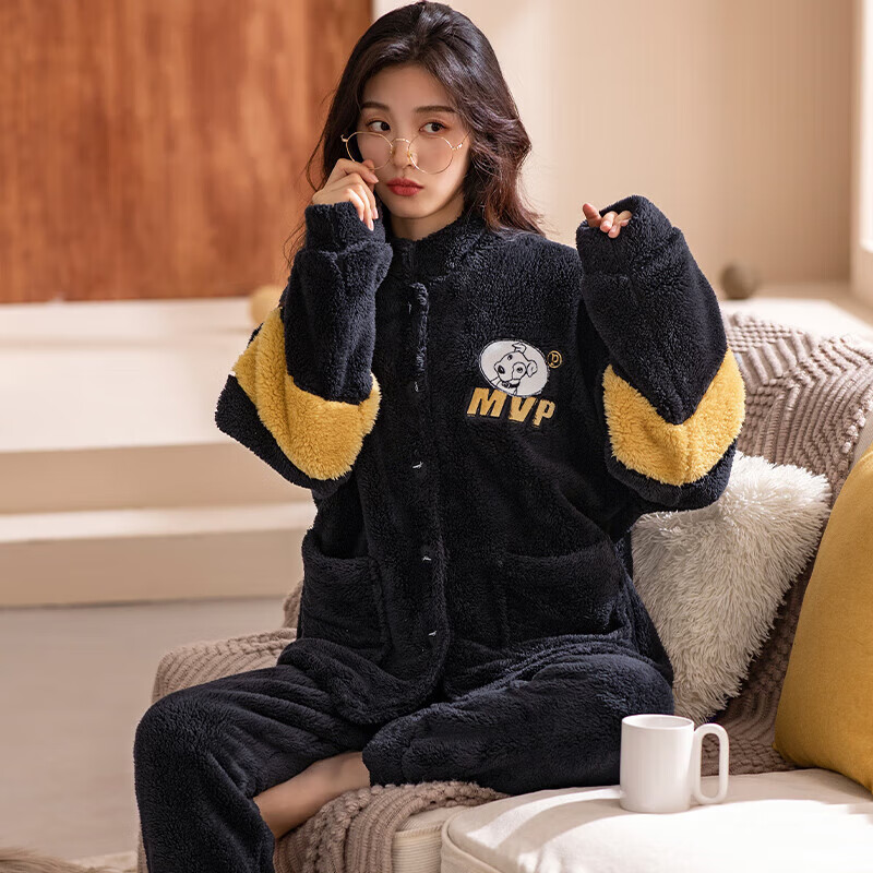 芬腾【断码清仓】珊瑚绒情侣睡衣冬季女款男士加厚加绒套装大码家居服 FJ25940673黑色【单女款】 L 建议:女110-124斤,男126-146斤