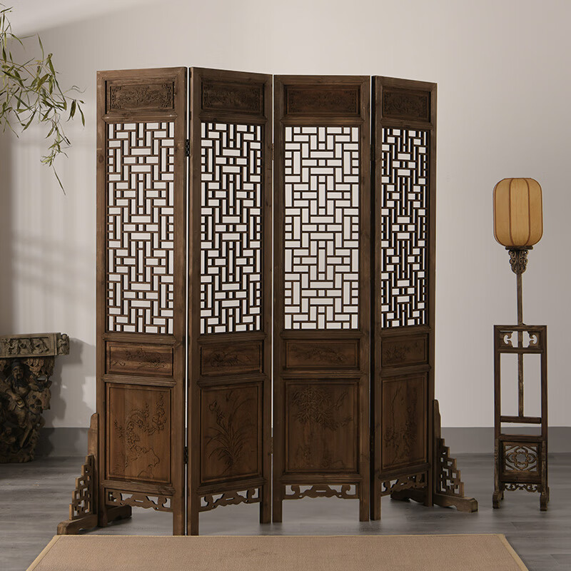 做旧屏风中式仿古折叠移动镂空雕花玄关实木 做旧四扇中国结带底座