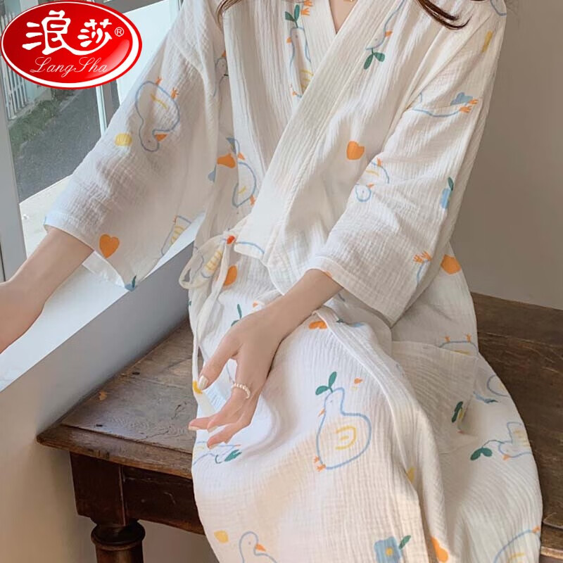 浪莎和服式睡袍女春夏季棉麻薄纱绑带开衫睡裙夏天小清新纯棉浴衣睡衣