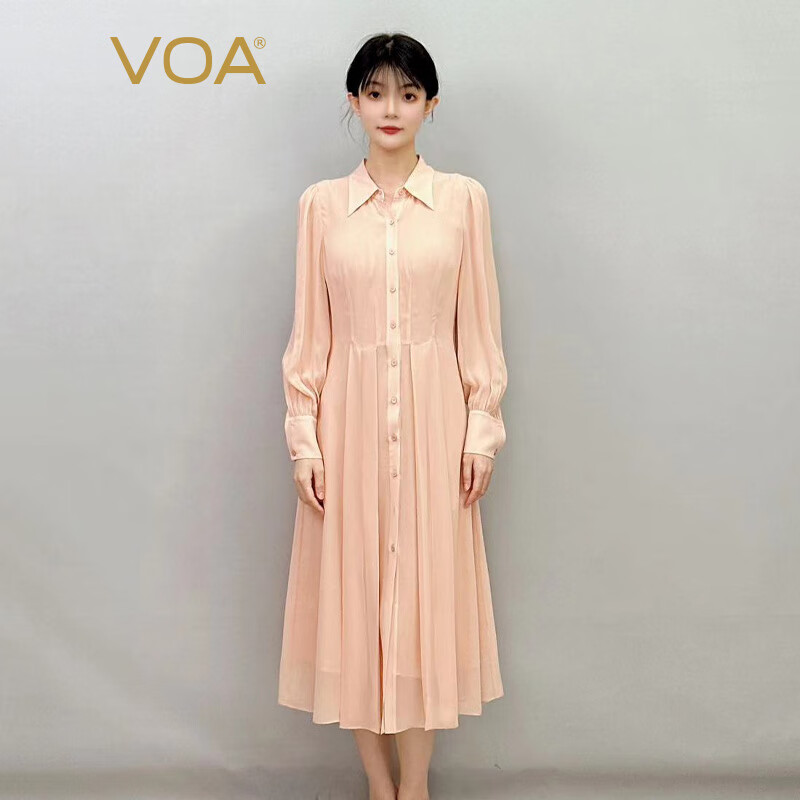 VOA100%真絲雙層喬其polo領長袖單排扣育克褶襯衫式連衣裙 AE1756 浣溪紗-藕粉（F64） 170/XL