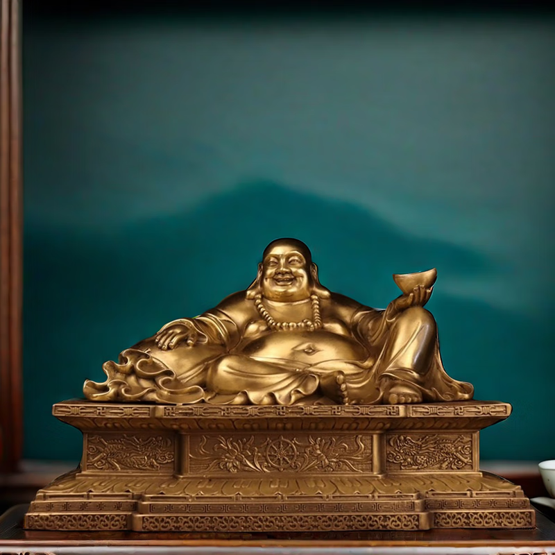 铜人艺巷全黄铜托元宝弥勒佛佛像摆件带底座大肚弥勒佛铜像布袋佛家居