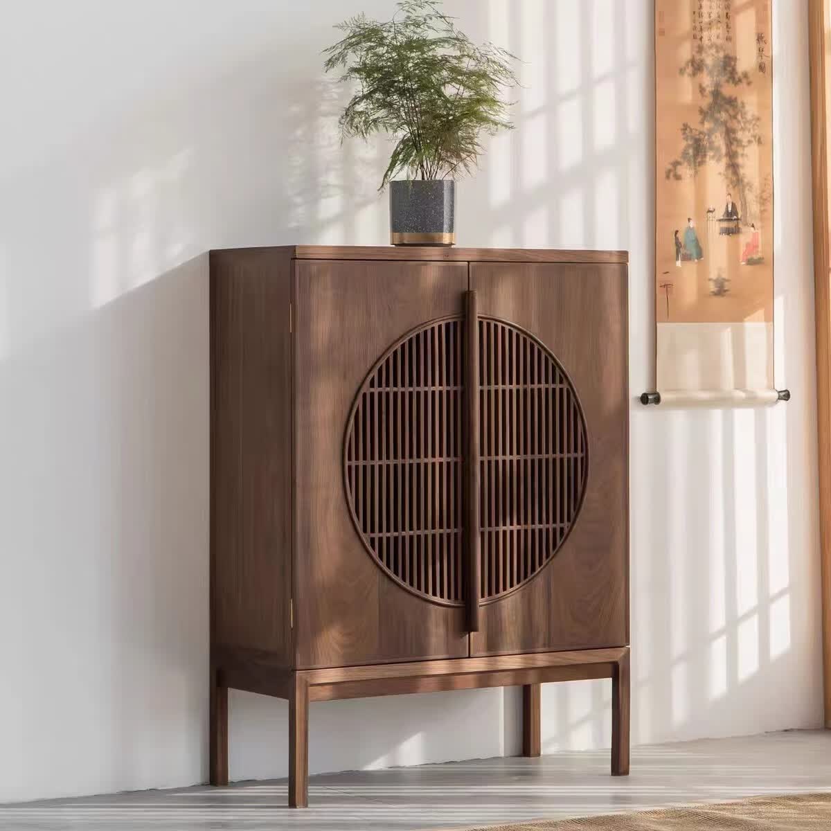 玄关柜门厅鞋柜餐边柜老榆木餐边柜茶桌边柜黑胡桃家具 榆木胡桃色