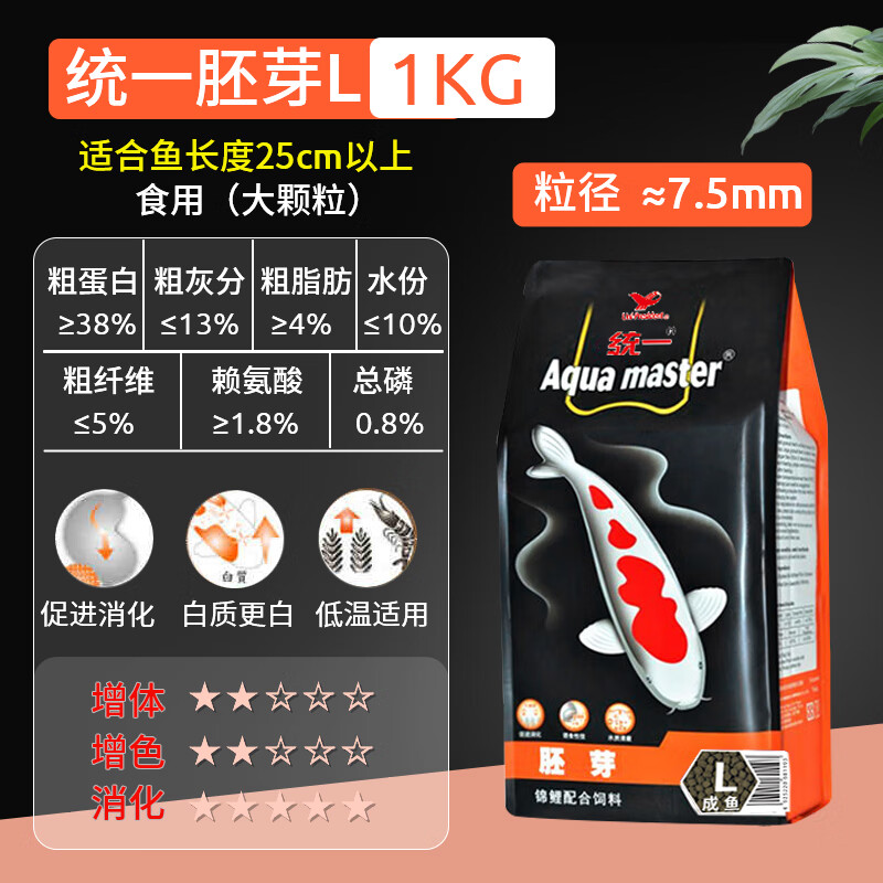 统一锦鲤鱼饲料主食螺旋藻育成胚芽色扬日本锦鲤鱼食上浮金鱼鱼粮 胚芽低水温1KG 大颗粒(适合喂食25厘米以上鱼儿)