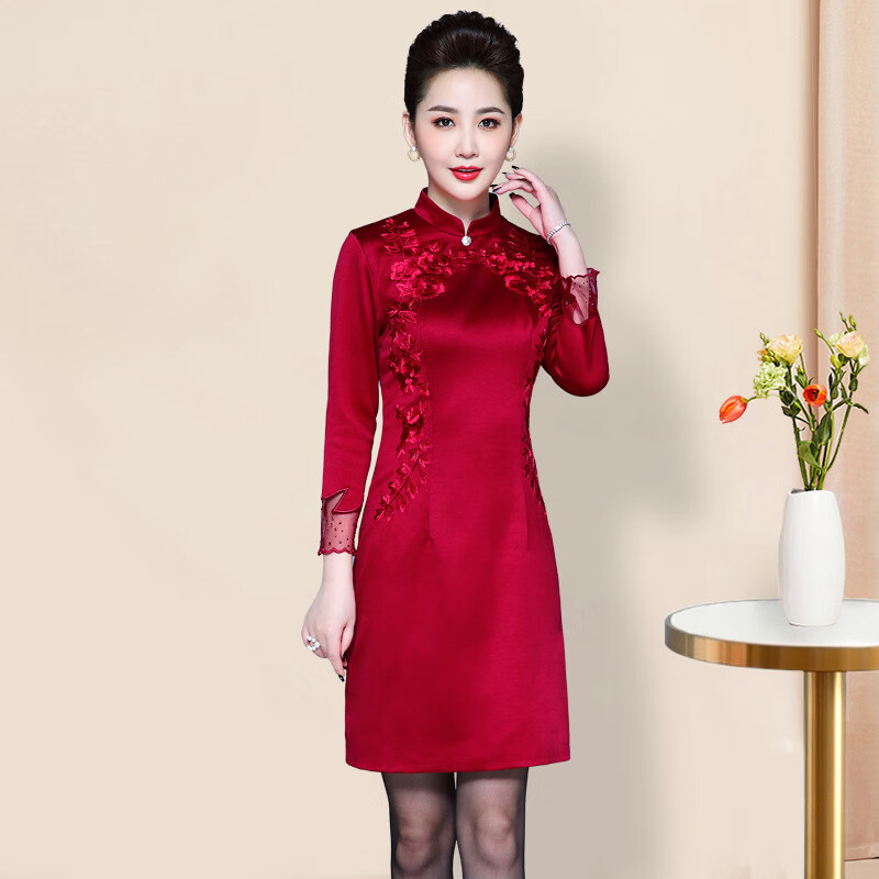 百丽驼美士 balitomms秋冬新款女装加绒加厚婚庆礼服遮肚子连衣裙 加