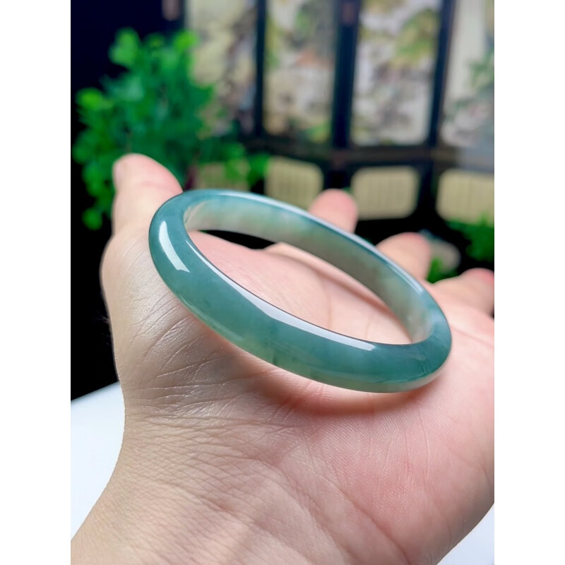 随峰56mm冰蓝水正圈手镯 a货玉石翡翠平安镯 细腻饱满老蓝水
