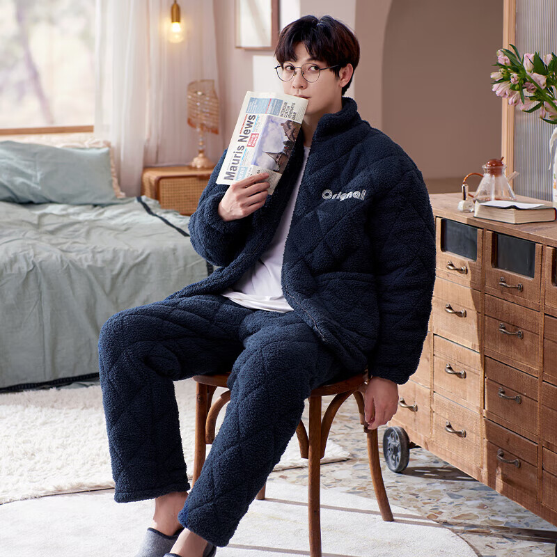 芬腾【清仓】情侣珊瑚绒夹棉睡衣女士冬季三层加厚男抗静电家居服套装 FX25950394深兰【单男款】 XL 建议:女124-142,男146-165斤