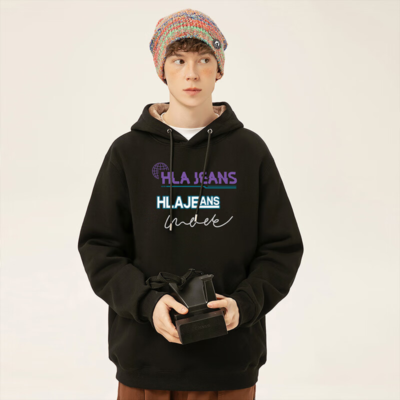 黑鲸海澜之家旗下潮牌加绒加厚连帽卫衣男秋冬季百搭带帽外套 黑 L