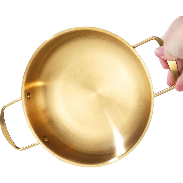 【韩剧同款】加厚不锈钢干锅海鲜锅火锅金色平底浅锅双耳锅泡面锅 迷你款17cm【金色】双柄汤锅