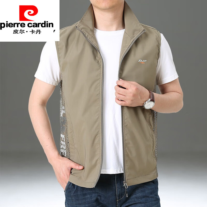 皮爾卡丹（pierre cardin）戶外馬甲男春秋寬松大碼立領(lǐng)坎肩工裝背心釣魚速干無袖馬夾外套男 8302卡其 M 體重120斤以下